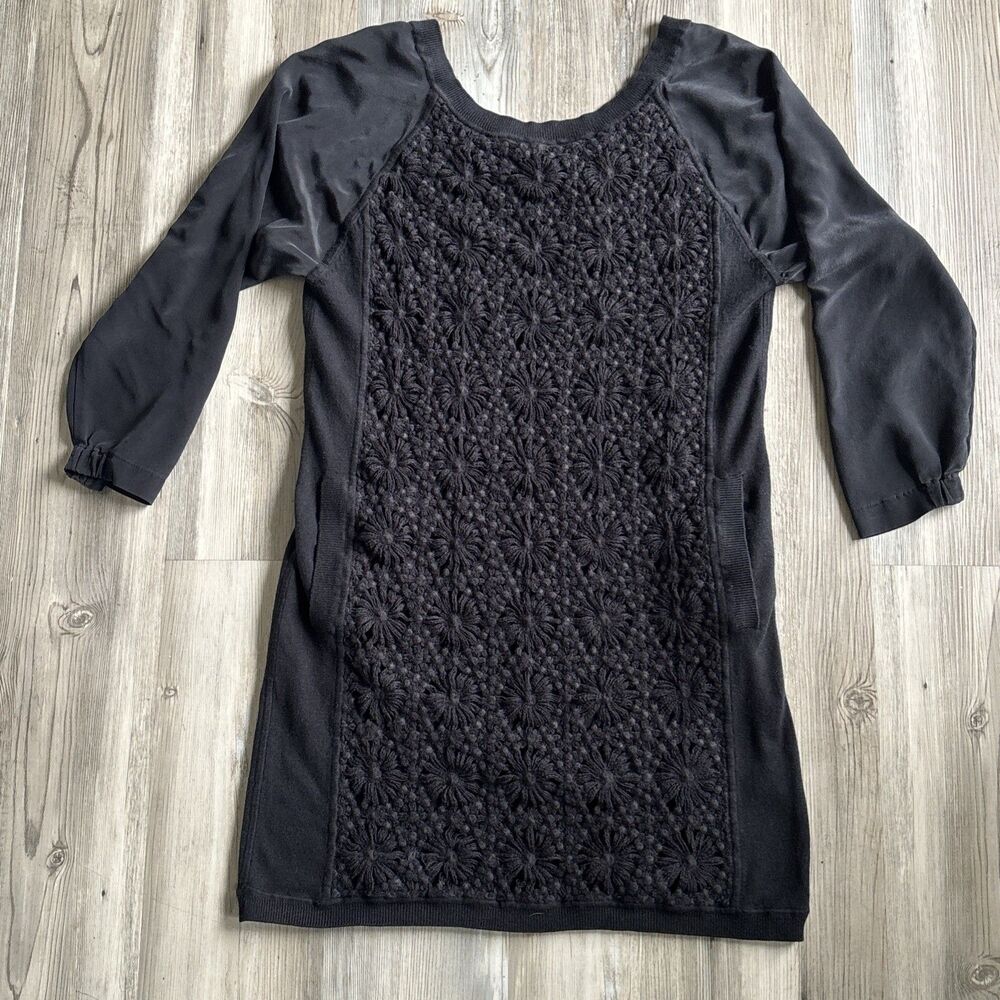Anthropologie Cluny Embroidered Black Silk Cashmere Blend Dress Size Medium